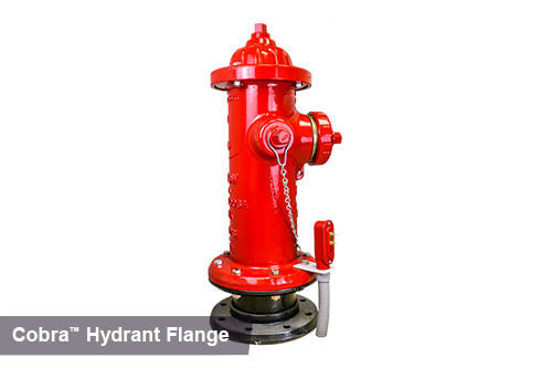 Cobra hydrant flange attached to a red fire hydrant