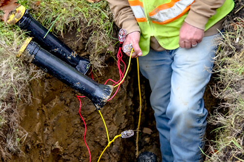 Construction worker connecting yellow tracer wire with snakebite locking connectors and snakepit access points