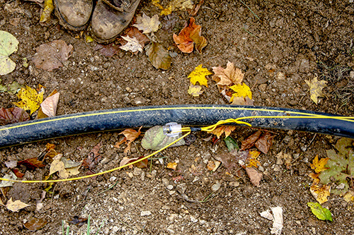 Yellow tracer wire outlining a gas pipe in the dirt