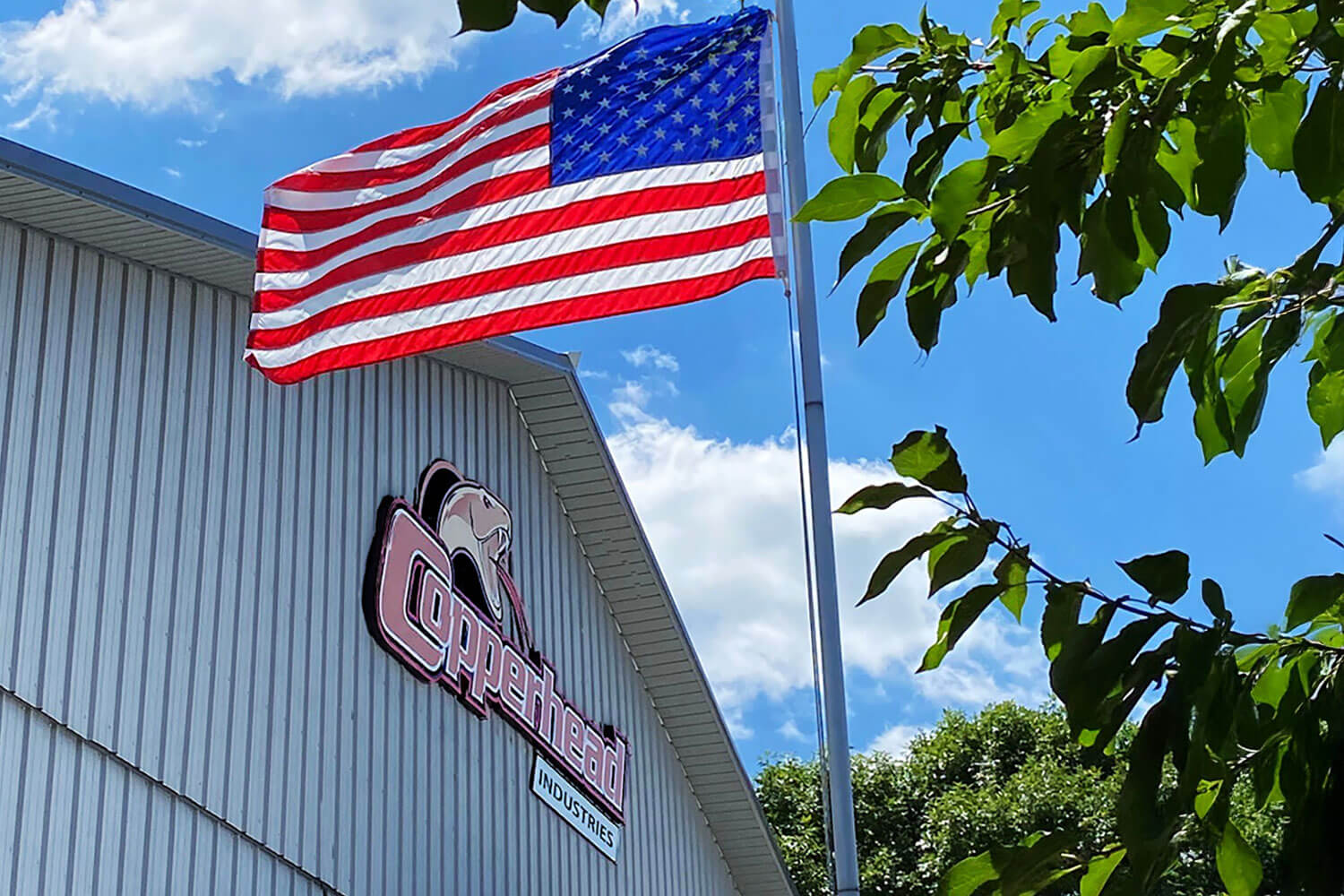 Copperhead logo on side of building with an american flag