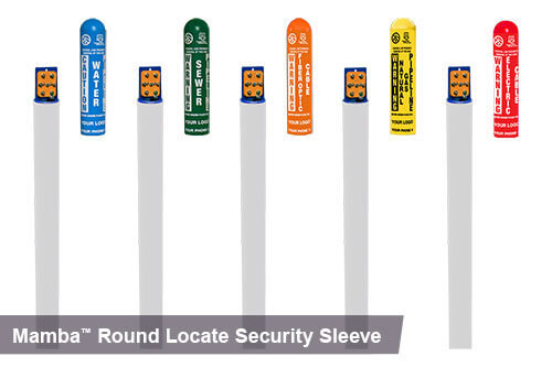 Mamba round security sleeves for locate marker posts in blue, green, orange, yellow, and red