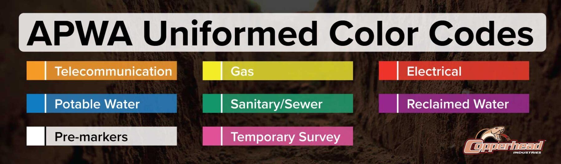 APWA uniformed color codes displaying orange for telecommunication, blue for portable water, white for pre-markers, yellow for gas, green for sanitary/sewer, pink for temporary survey, red for electric, and purple for reclaimed water