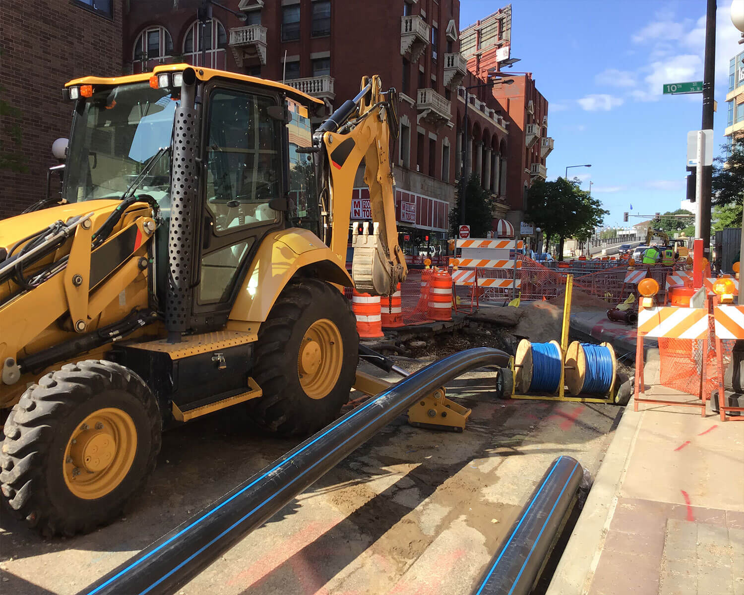 Street construction with blue tracer wire